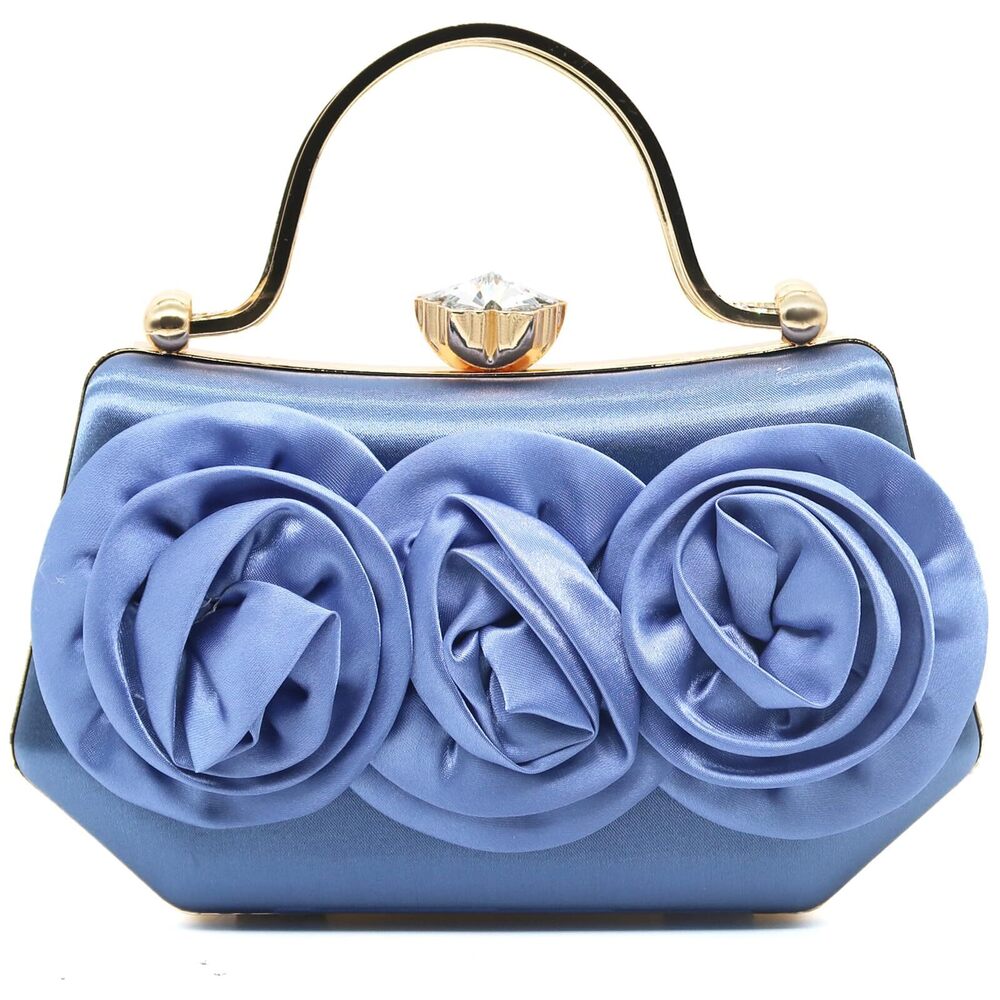 Blue Satin Floral Clutch Wristlet with Gold Handle